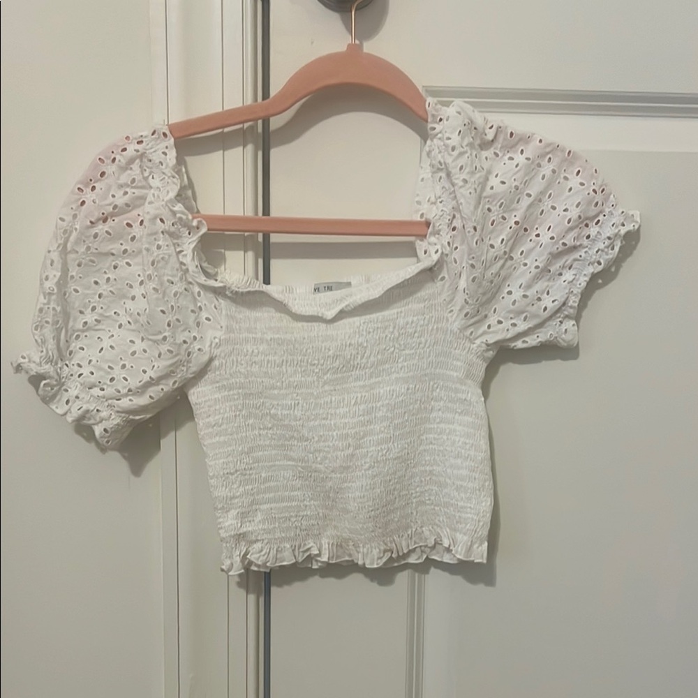 Love Tree Cream Smocked Crop Top with Ruffled Sleeves